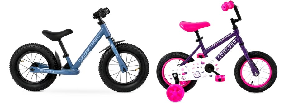 blue and pink kids bikes