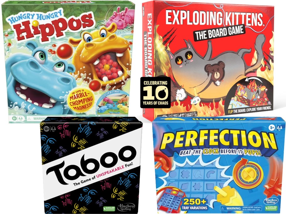 hungry hippos, exploding kittens, taboo, and perfection games