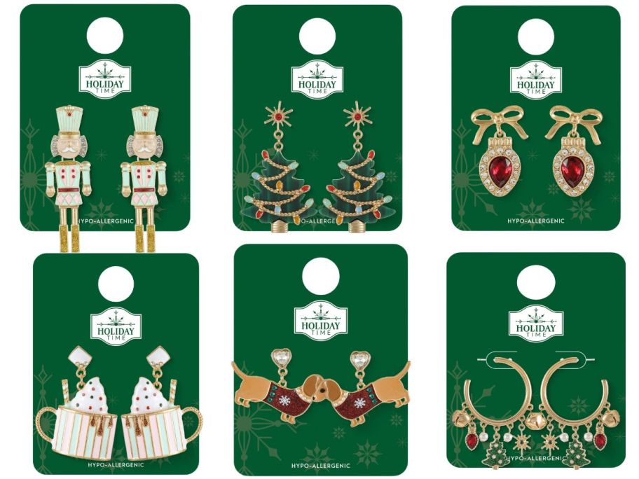 6 pairs of Christmas earrings on green cardboard