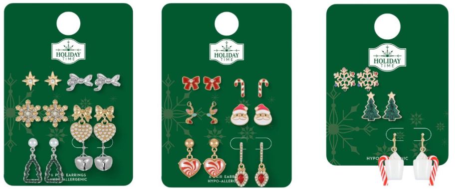 multipairs of Christmas earrings on green cardboard