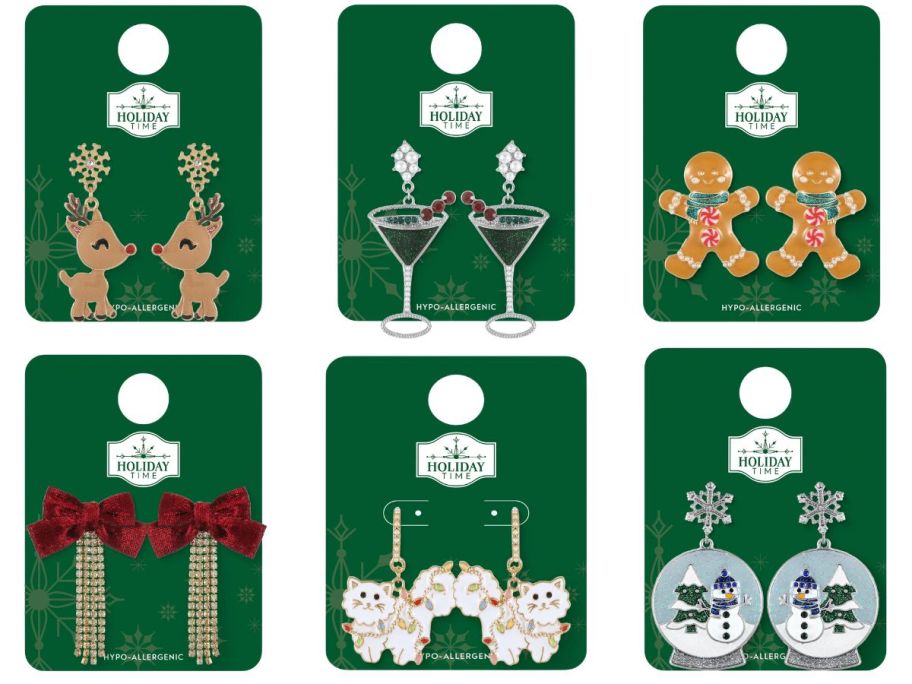 6 pairs of Christmas earrings on green cardboard