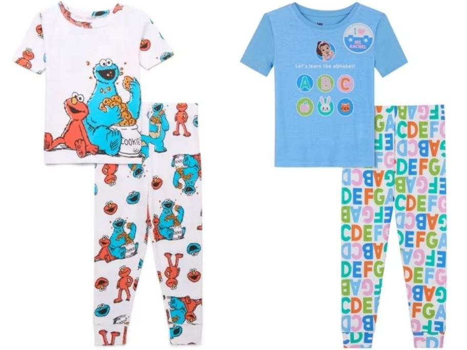 Stock images of two Character 2-Piece Toddler Short Sleeve Pajama Sets featuring Cookie Monster & Elmo and Ms. Rachel