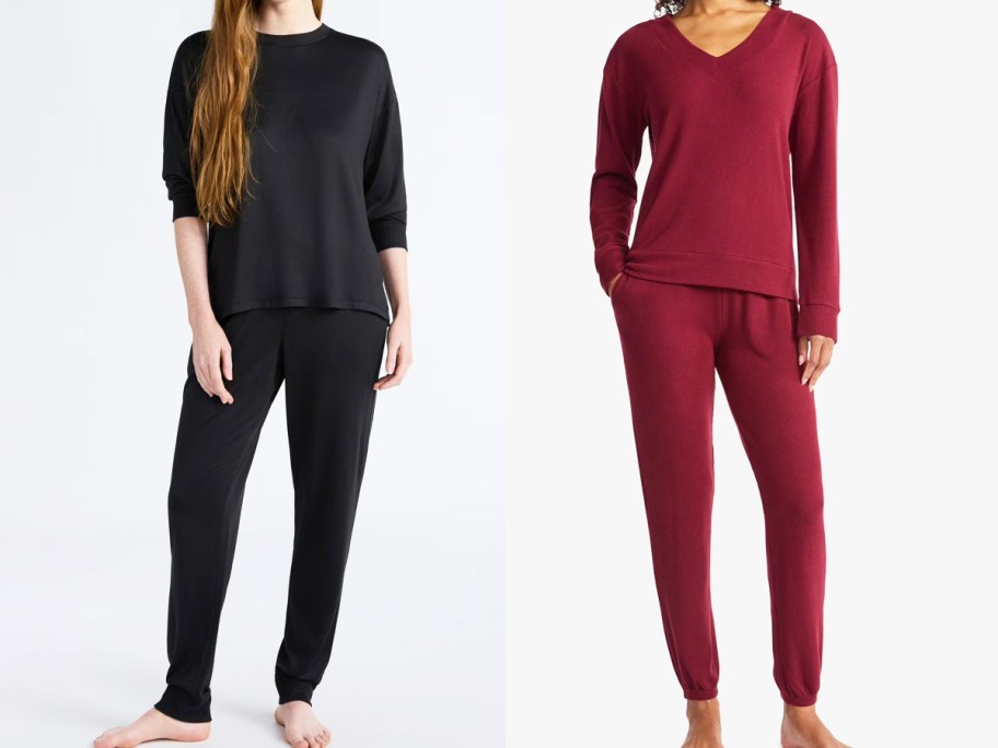 two women in black and red lounge sets