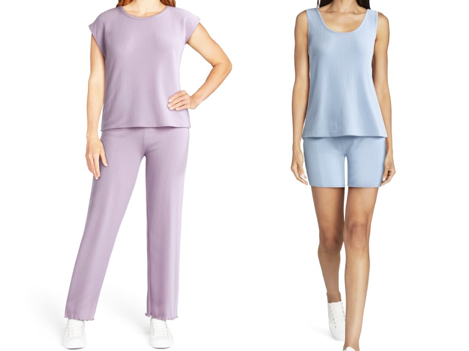 two women in purple and blue lounge sets