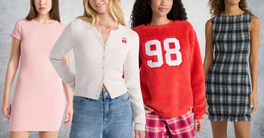 women in various dress: pink dress, white cardigan, red pullover with numbers, black and white dress