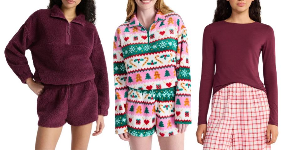 women in various dress: a red shorts outfit, Christmas pajamas, and a red long-sleeved shirt