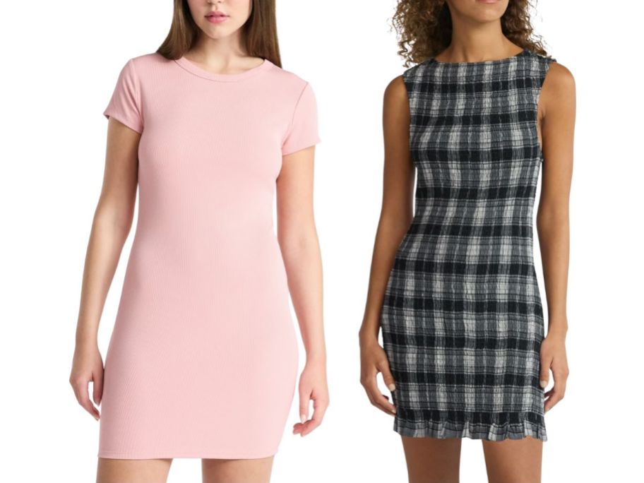 two women wearing dresses