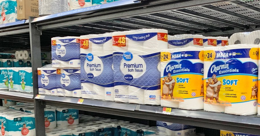 shelves of toilet paper in walmart store
