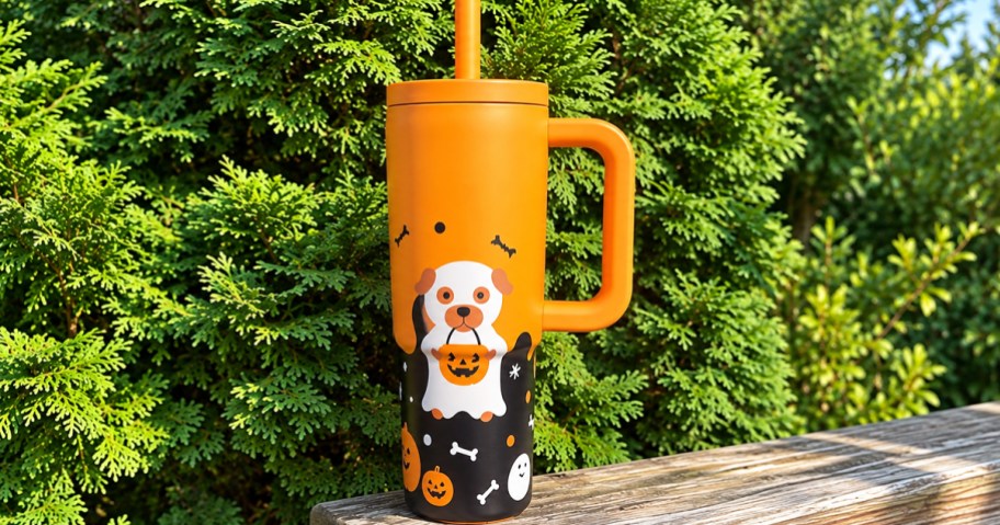 orange ghost dog tumbler on a deck rail