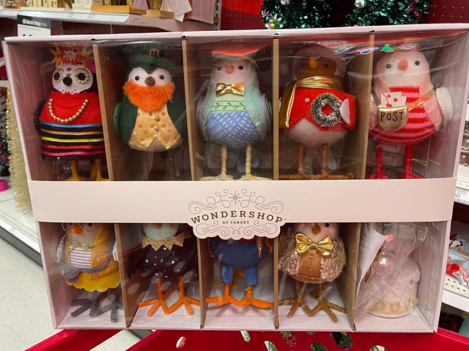 Wondershop Featherly Friends 2025 Anniversary Collection Christmas Bird Figurine Set 10-Piece Set inside of shopping cart