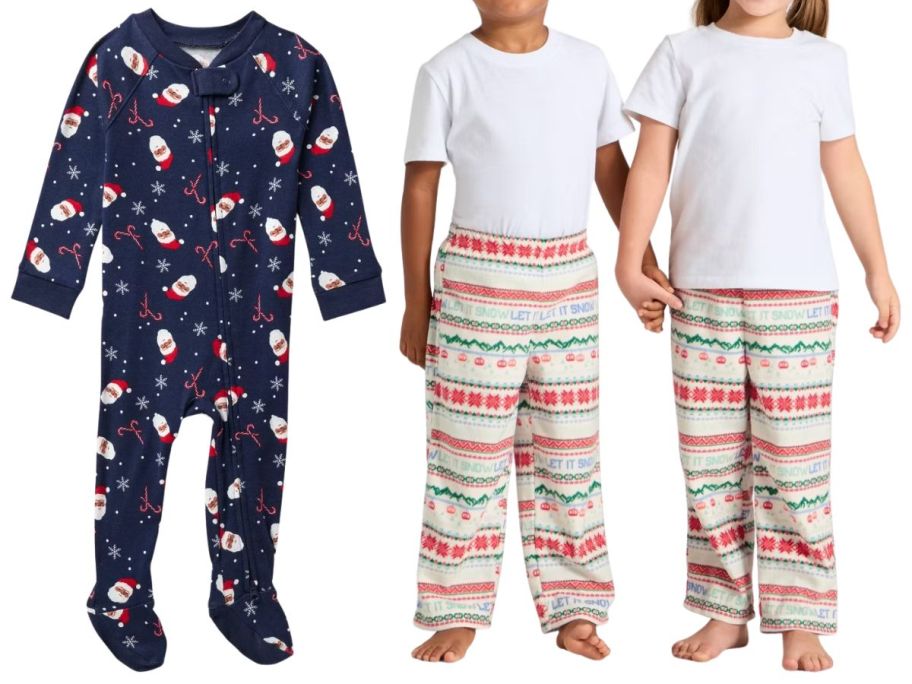 two kids wearing white shirts and Christmas pants and a baby's footed pj in navy