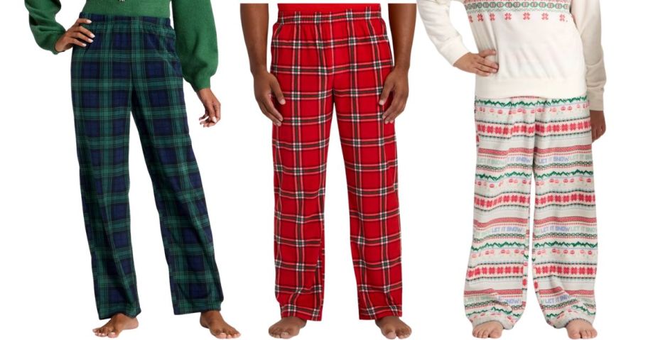 3 people wearing festive Christmas pants
