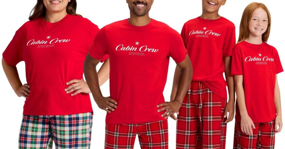 A family wearing red shirts