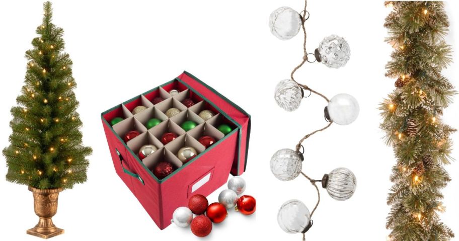 Stock images of National Christmas Tree Company artificial tree, Elf Stor ornament storage box, mercury glass ornament garland and pre-lit christmas garland