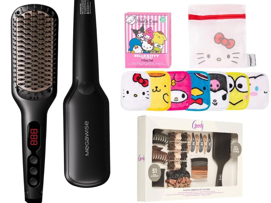 A hair brush straightener, Hello Kitty makeup remover, and Conair accessories