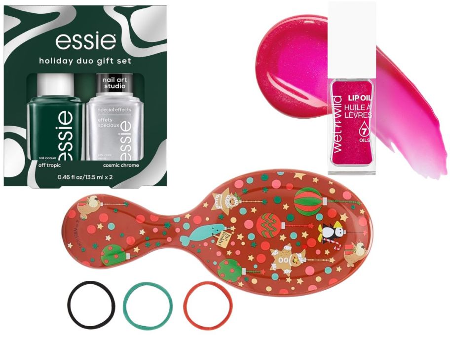 Nail polish, pink lip oil, and a red brush