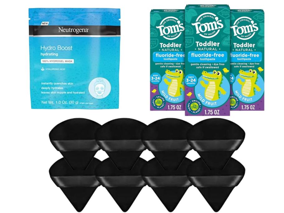 Neutrogena face mask, Tom's toothpaste, and makeup sponges