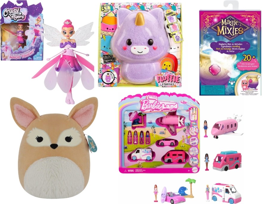stock images of crystal flyers doll, unicorn plush, magic mixies powder, fox squishmallows, barbie vehicle set