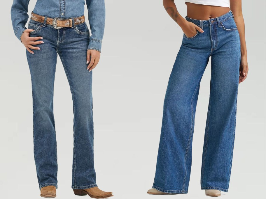 Stock images of two women wearing wrangler retro jeans