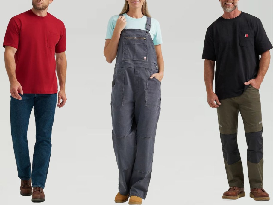 Stock images of two men and a woman wearing Wrangler workwear