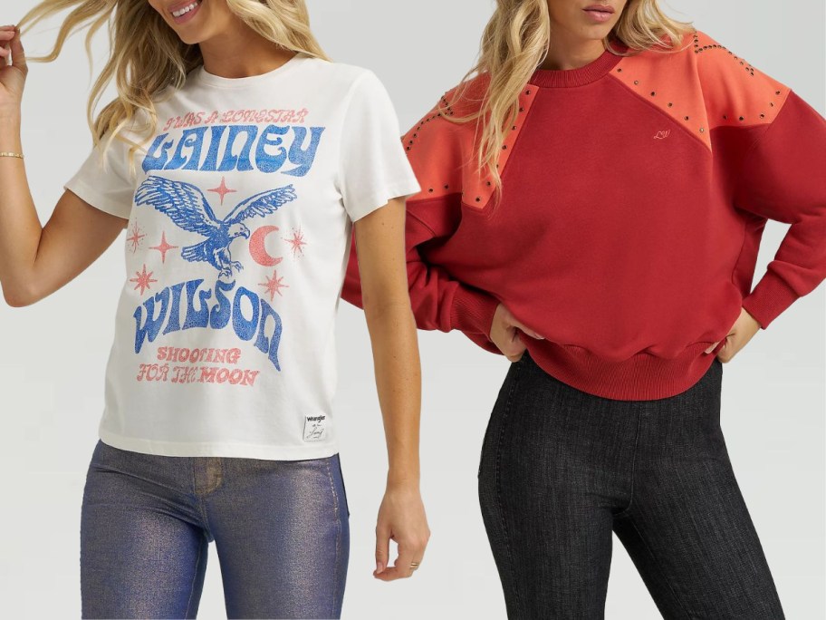 Two women wearing Wrangler Lainey Wilson Tops