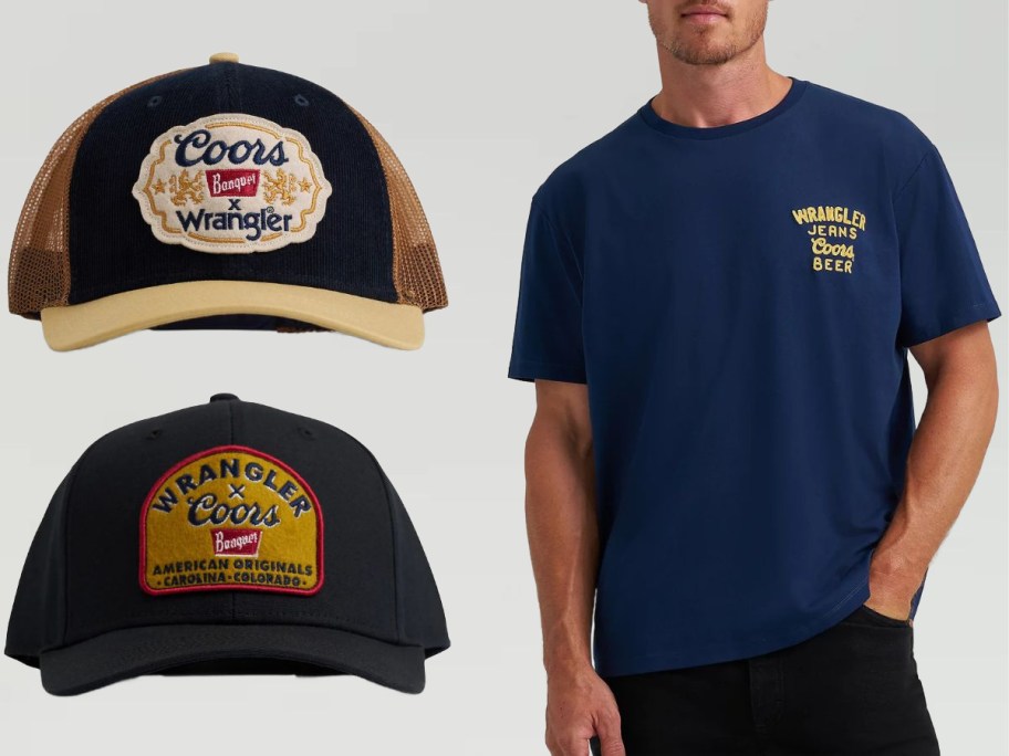 Stock images of two Wrangler Coors Hats and a man wearing a t-shirt