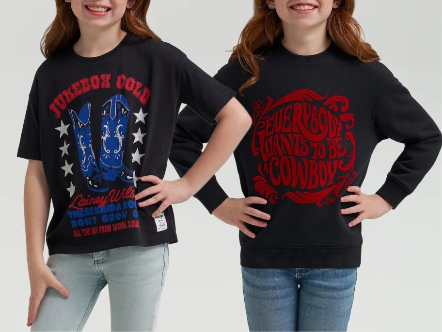 two girls wearing Wrangler Lainey Wilson tops