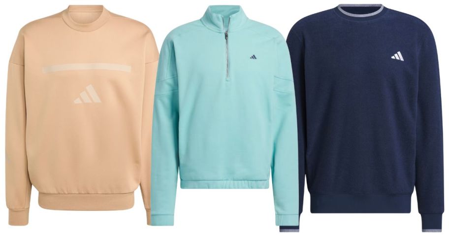 three men's adidas sweatshirts