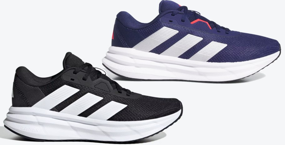 black and blue pairs of running shoes