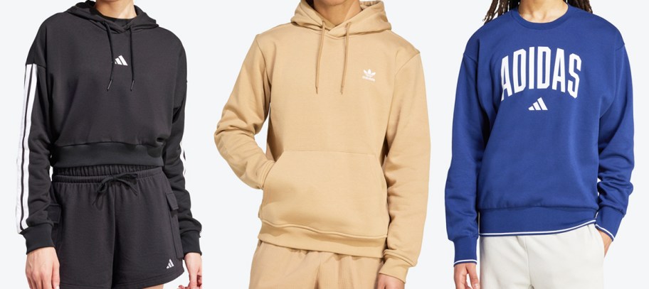 three people modeling adidas hoodies