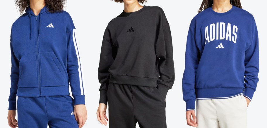 three people modeling adidas sweatshirts