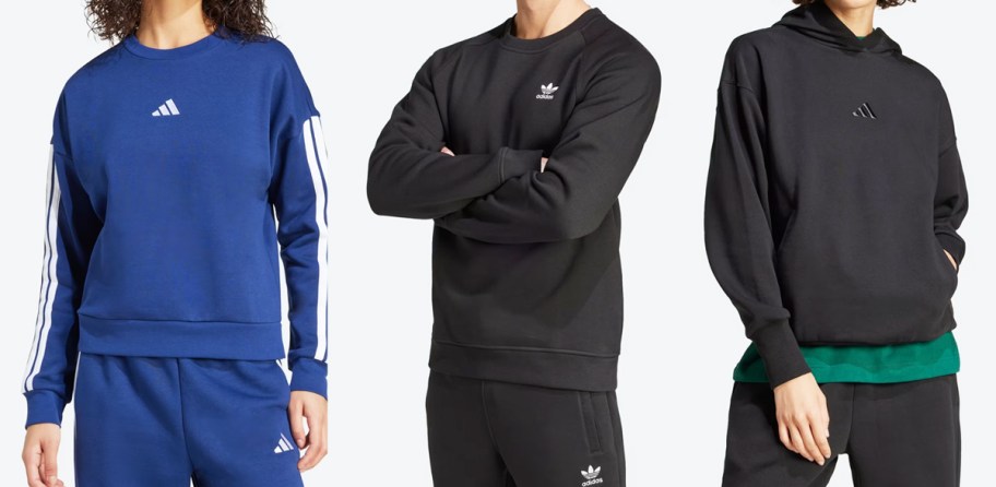 three people modeling adidas sweatshirts