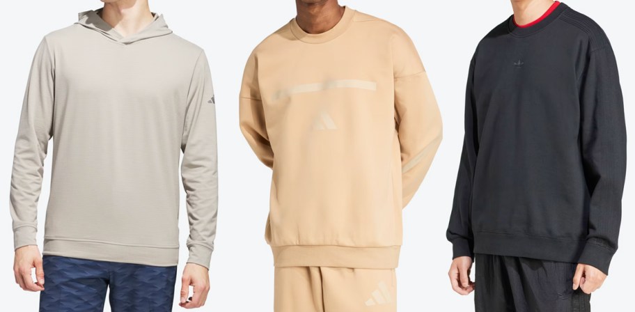 three people modeling adidas sweatshirts