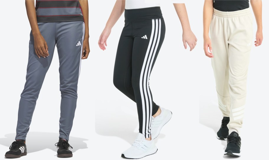 three people modeling adidas pants