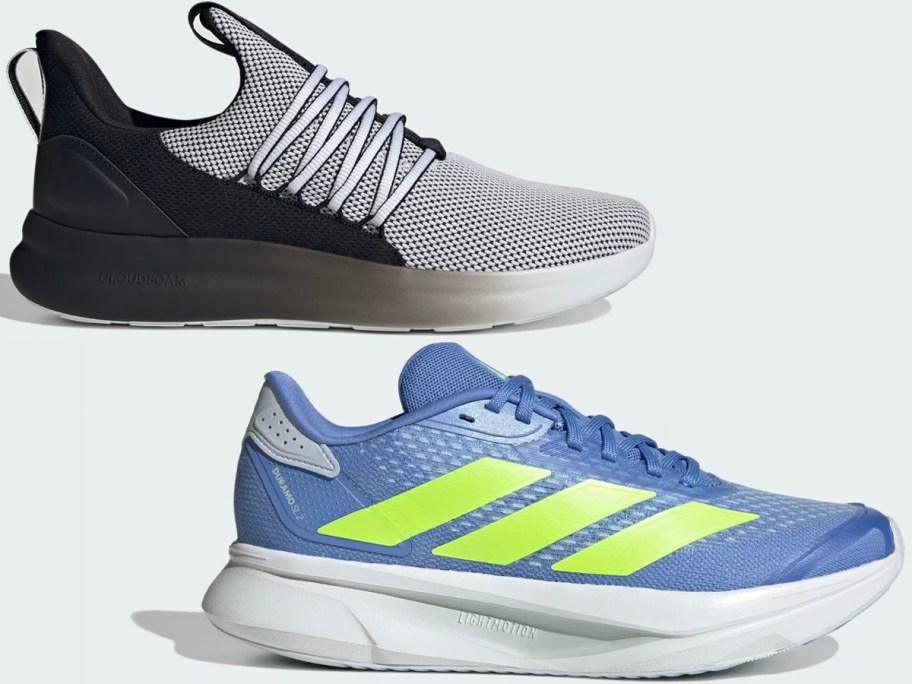 black and gray, and blue and lime green adidas shoes 