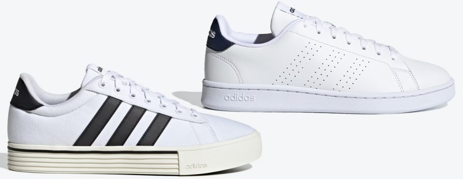 two white pairs of adidas sneakers
