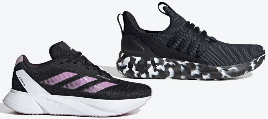 two black pairs of adidas shoes