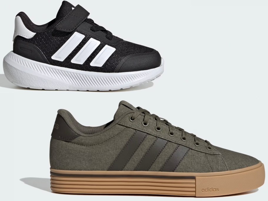 black and white kids shoes and green and black shoes