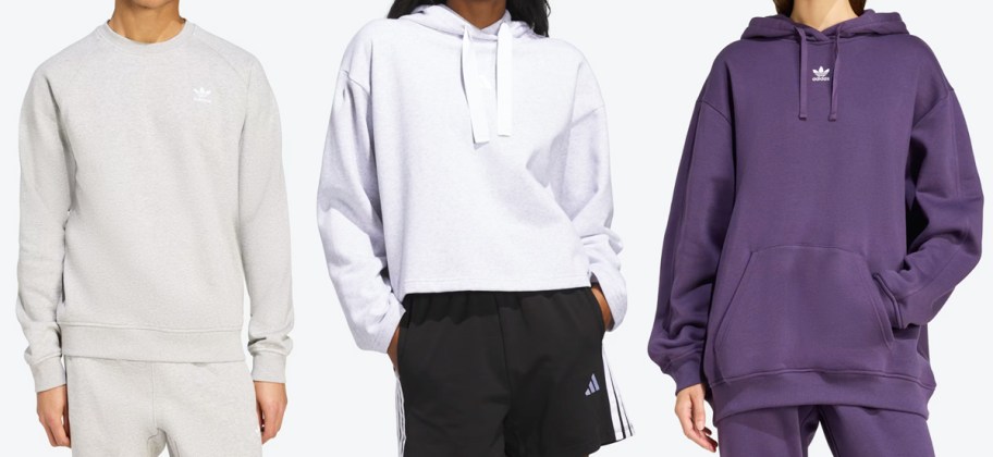 three people modeling adidas sweatshirts