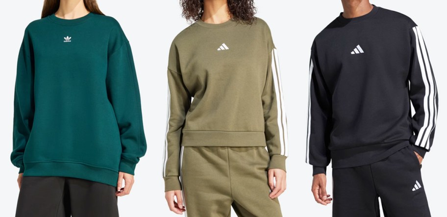 three people modeling adidas sweatshirts