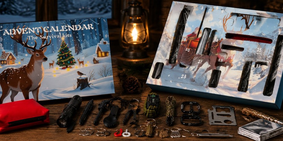 advent calendar box with survival items on table