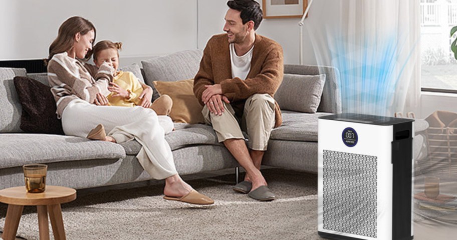 airefire hepa purifier in front of a family on the couch