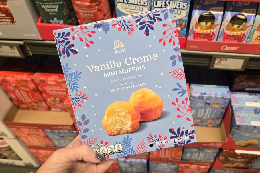 hand holding mini vanilla cream muffin box