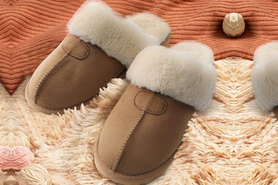 tan fuzzy slippers with white fur lining