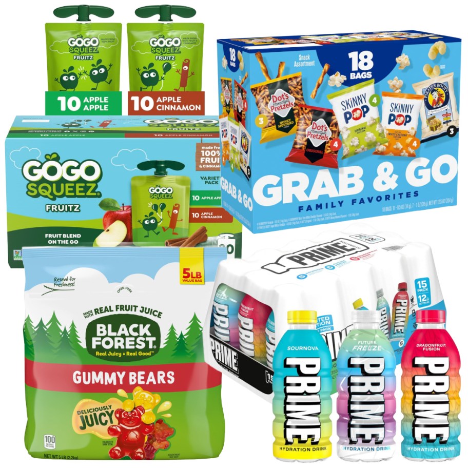 applesauce puches, bottled drinks, gummy bears, and pretzels box