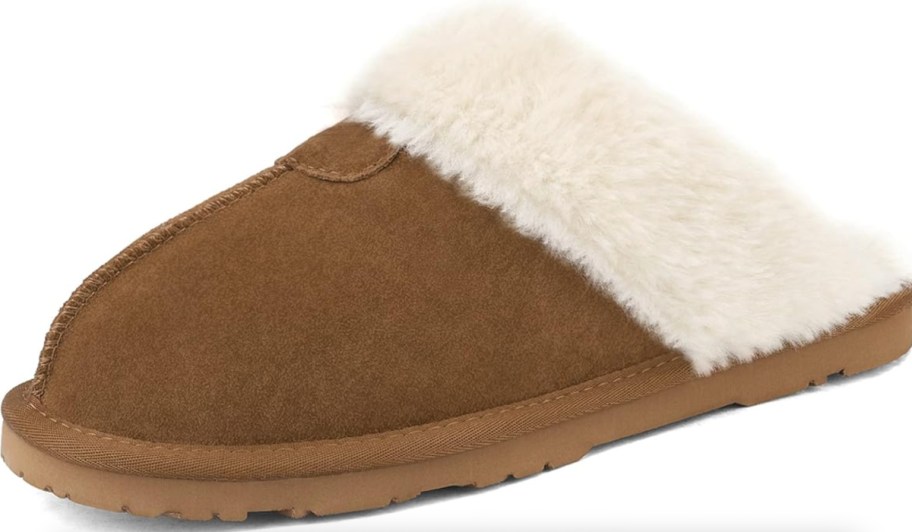tan slippers with white fur lining
