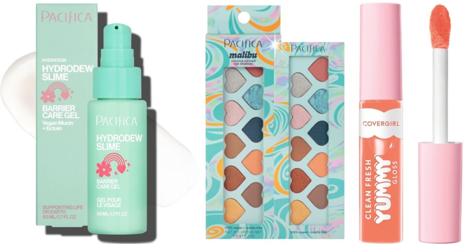 Beauty products displayed: Pacifica Hydration Hydrodew Slime Barrier Care Gel with box, Malibu Barbie heart-shaped eyeshadow palette, and Covergirl Clean Fresh Yummy Gloss with a pink applicator.