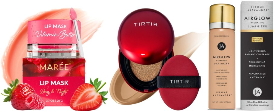 The image shows three beauty products: a Mar&eacute;e Lip Mask with strawberries, a Tirtir compact with cushion puff, and a Jerome Alexander Airglow luminizer.