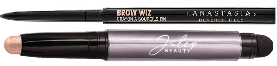 A black Anastasia Beverly Hills Brow Wiz pencil and a gray Julep Beauty eyeshadow stick.
