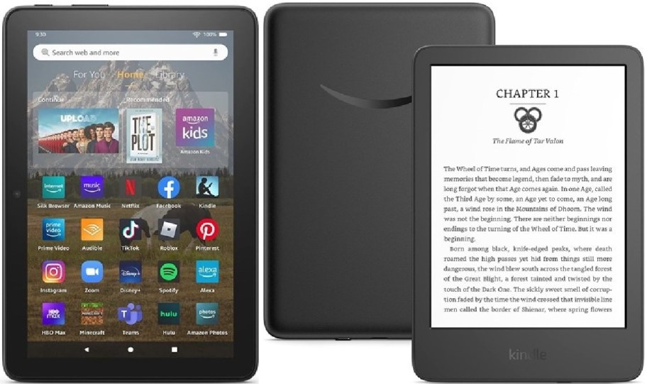 An Amazon Fire tablet displaying its home screen next to the back of a black Amazon device and a Kindle e-reader showing a book page.